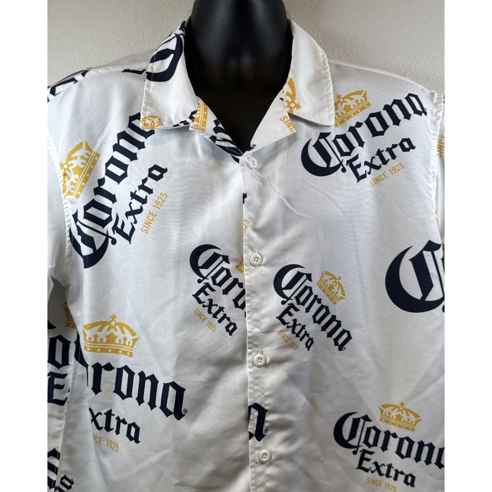 Corona Extra Button Up‎ Shirt Mens Medium White All Over Logo Print Short Sleeve
